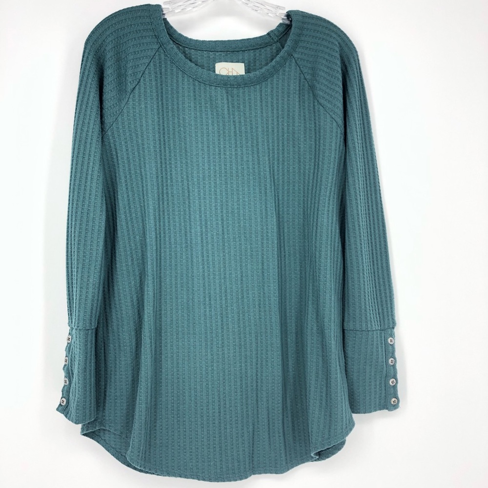 Chaser Thermal Knit Log Sleeve Top Button Cuffs Green/Blue Size Large